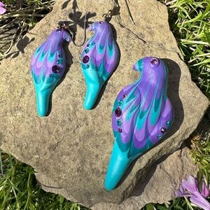 1990's Magnificent Macaw Artisan Made Vivid Jeweled Clay Brooch and Earring Set